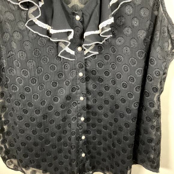 ECI New York Black Whimsygoth Polka Dot Ruffled‎ Sleeveless Top Pearl Buttons 12 - Picture 3 of 7